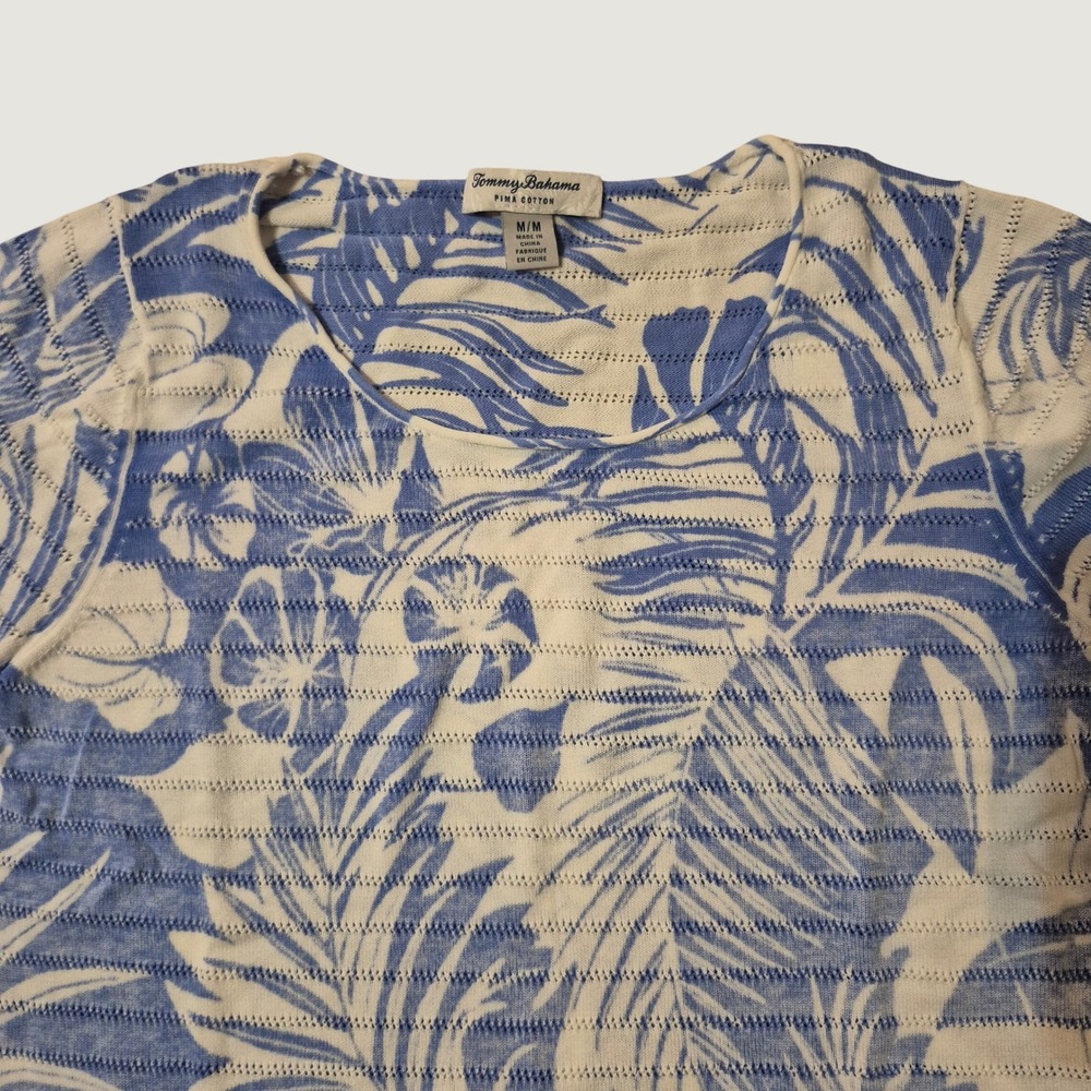 Tommy Bahama Tropical Palm Print Top M Pima Cotton 3/4 Sleeve Blue White Coastal